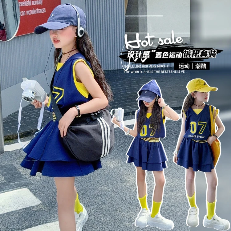 女童2025夏季款美式连帽连衣裙时尚百搭显瘦撞色辣妹风短裙套装裙