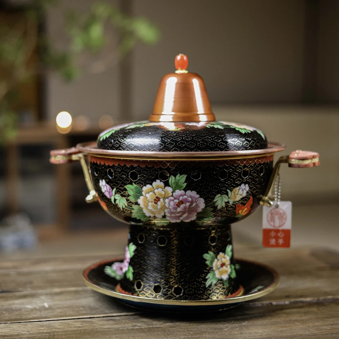 【铜景文创】牡丹系列-黑底牡丹-双人-景泰蓝铜火锅