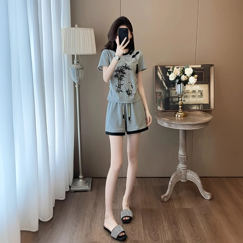 新中式休闲运动套装女夏季时尚减龄洋气小个子国风短袖短裤两件套