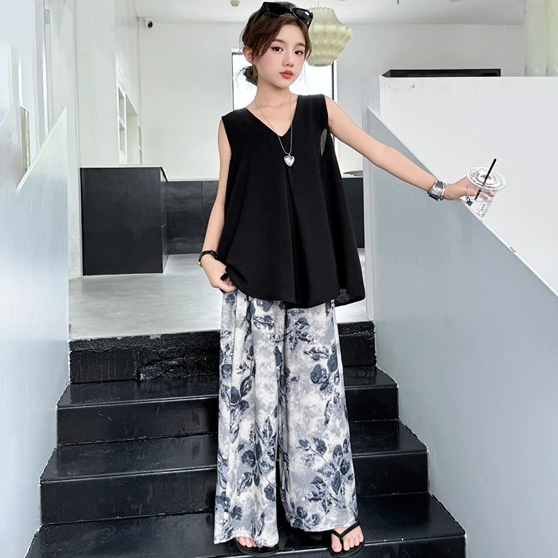 女童夏季套装2025新款儿童洋气薄款夏装大童无袖法式碎花阔腿裙裤