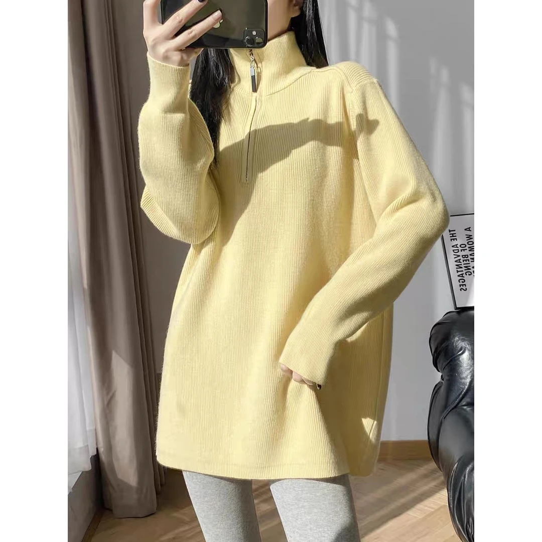 已到货秋冬半拉链高领中长款毛衣女宽松遮屁股内搭针织上衣女