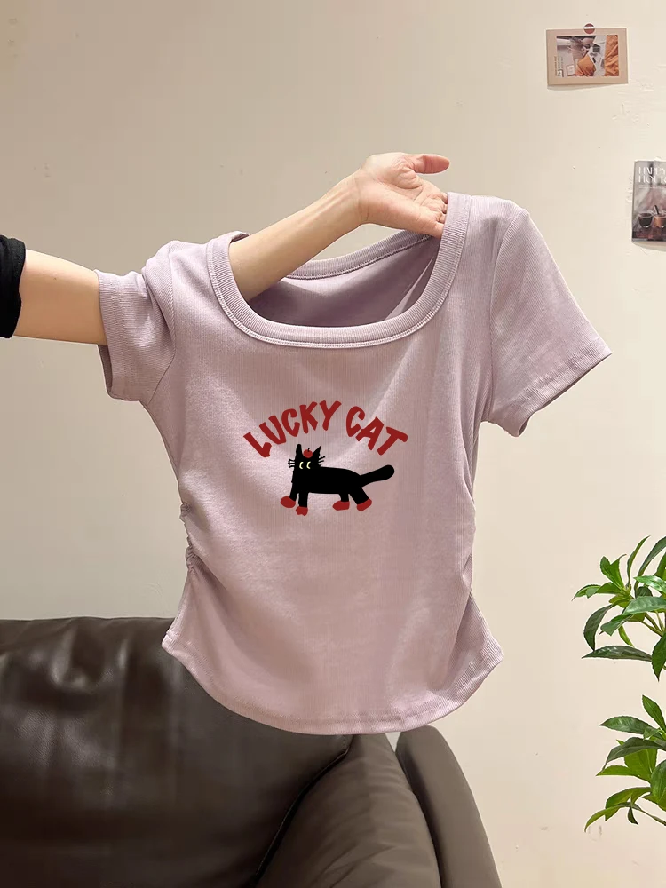 上衣纯色简约正肩方领短袖T恤女夏季新款抽褶收腰修身显瘦绝美小