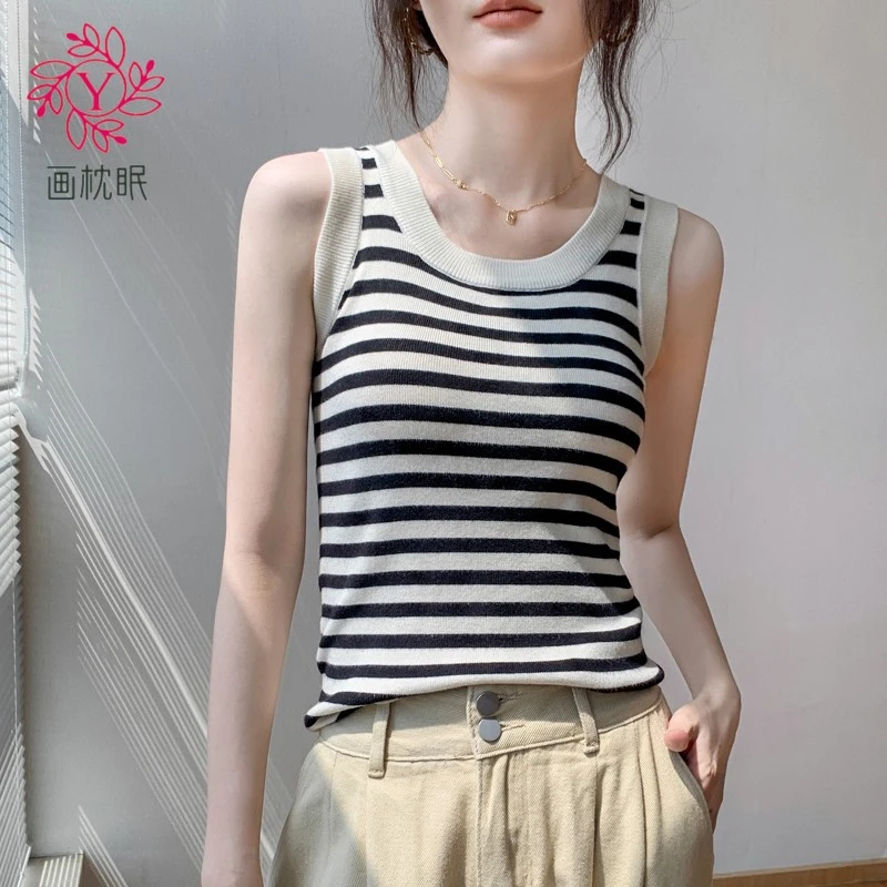 画枕眠吊带背心女内搭打底衫坎肩条纹外穿防走光针织无袖遮副乳衣