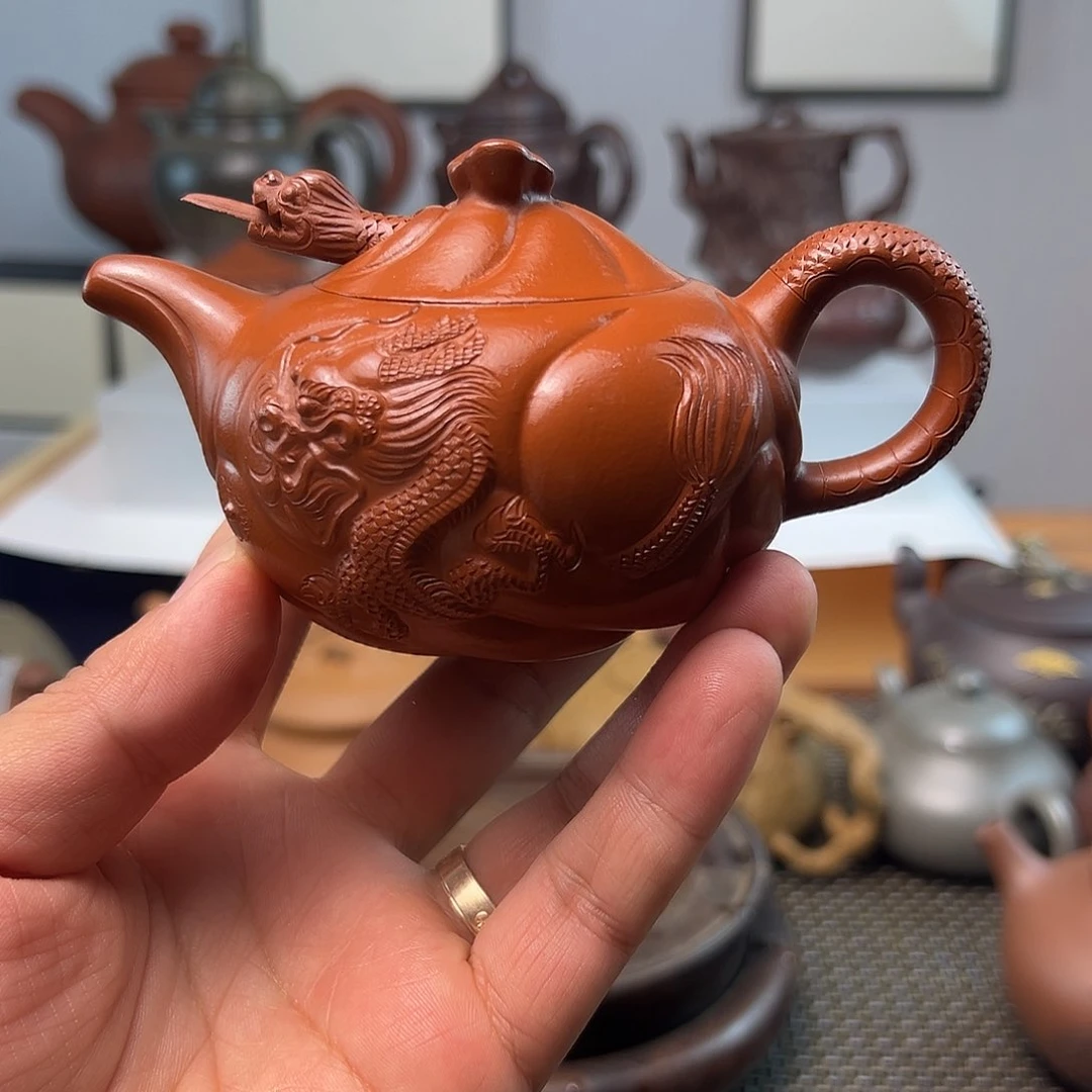 紫砂茶壶鱼化龙，朱泥