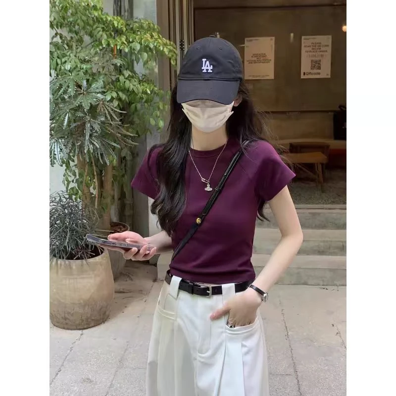 基础款紫色正肩短袖T恤女2025夏季紧身内搭打底修身显瘦短款上衣