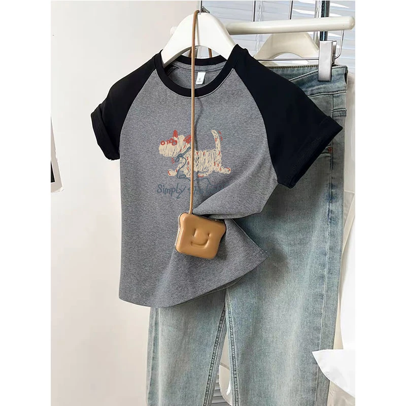 正肩拼色磨毛加厚短袖t恤女春夏2025新款时尚百搭洋气打底衫上衣