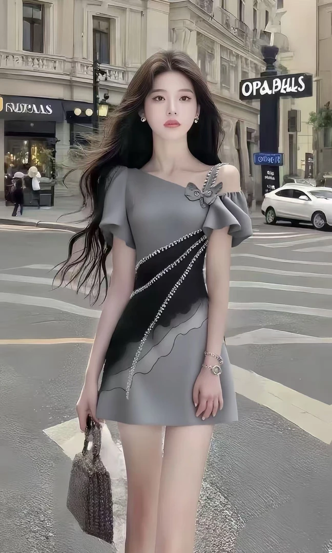 法式温柔甜美风时尚高端大气氛围感灰色斜领短袖收腰拼接连衣裙女