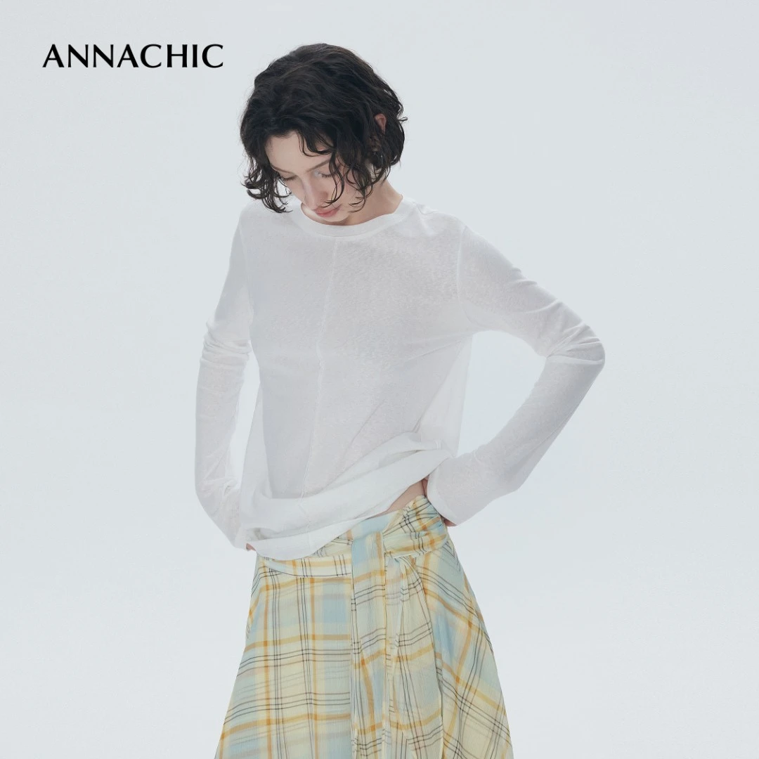 ANNACHIC"呼吸T"分割线长袖T恤 轻薄透气上衣宽松防晒罩衫空调衫