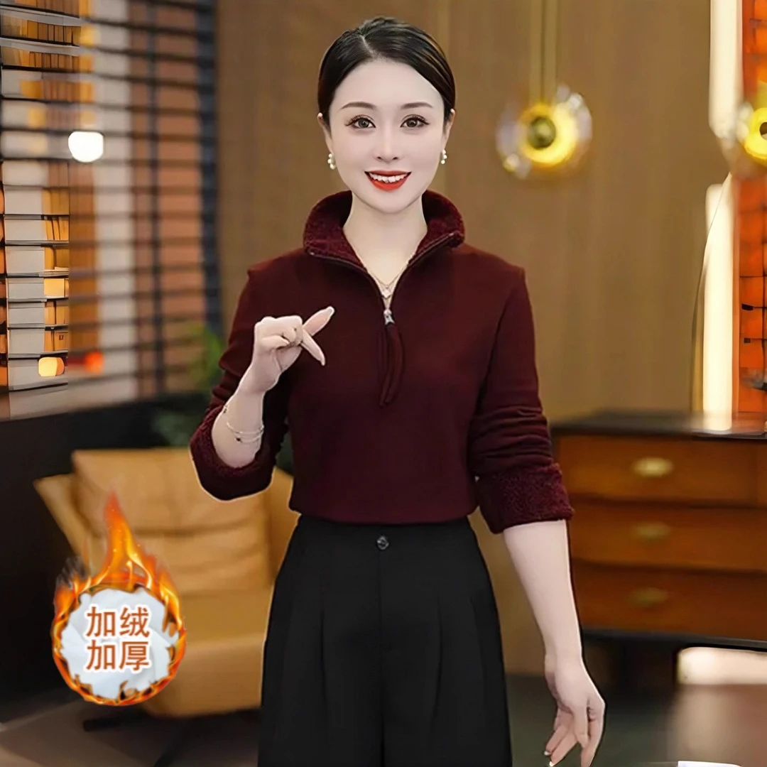 加绒加厚长袖打底衫女士冬季新款百搭上衣设计感保暖洋气T恤697
