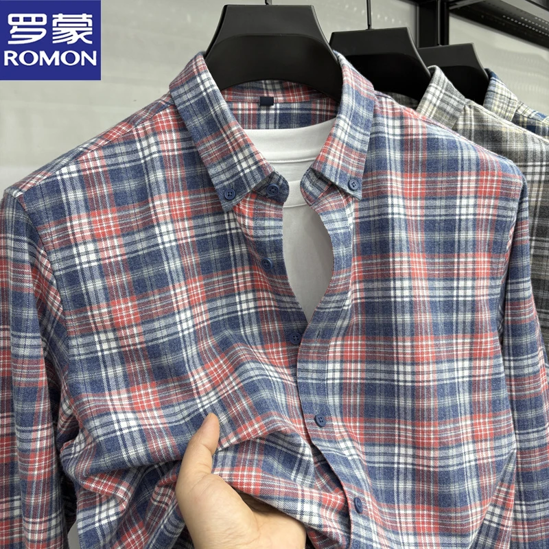 罗蒙纯棉长袖格子衬衫男士春秋商务休闲中青年时尚百搭宽松衬衣潮