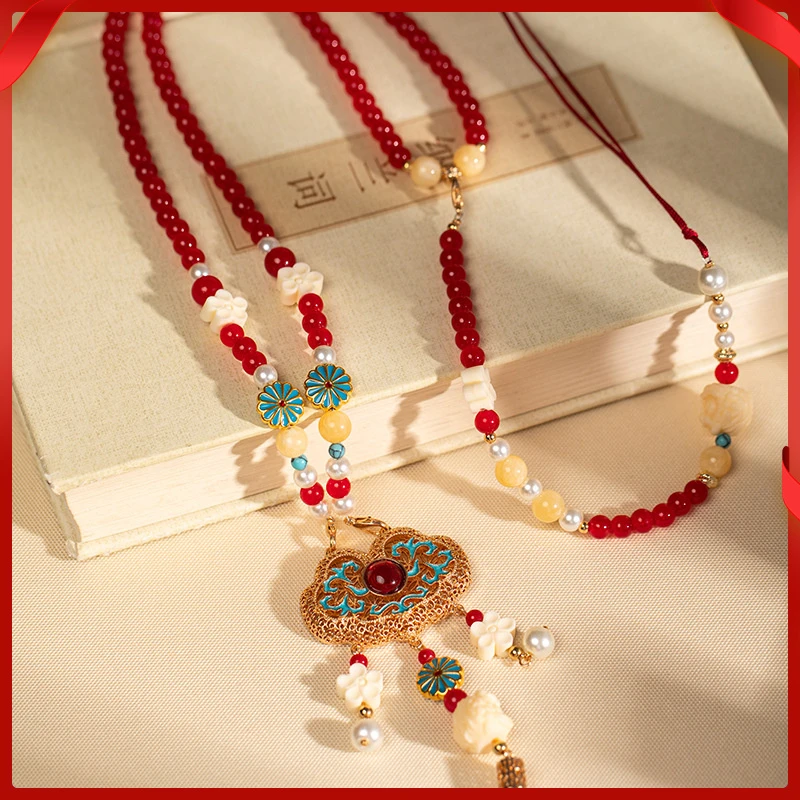 合金项链 复古风长流苏项链高级感背云璎珞红色旗袍女款合金材质