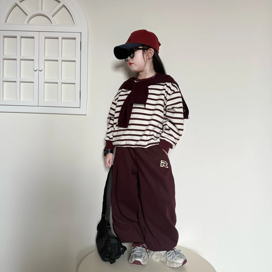 女童秋季韩版宽松洋气披肩卫衣卫裤两件套中大童女孩条纹卫衣套装