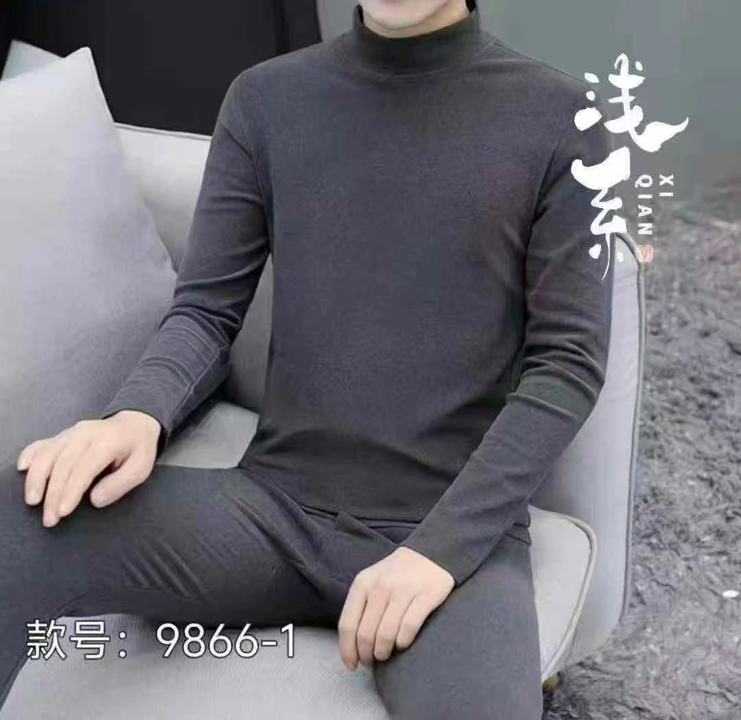 9866半高领时尚秋冬保暖男士套装纯色两件套