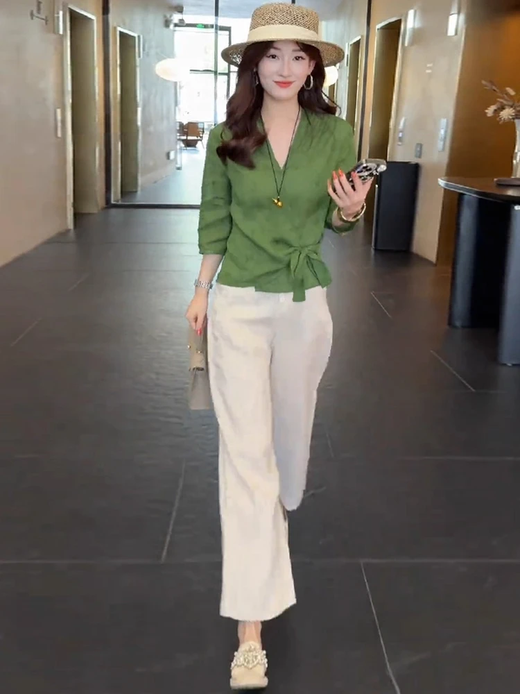 2025秋季新款时尚套装女V领收腰气质显瘦七分袖上衣休闲两件套潮