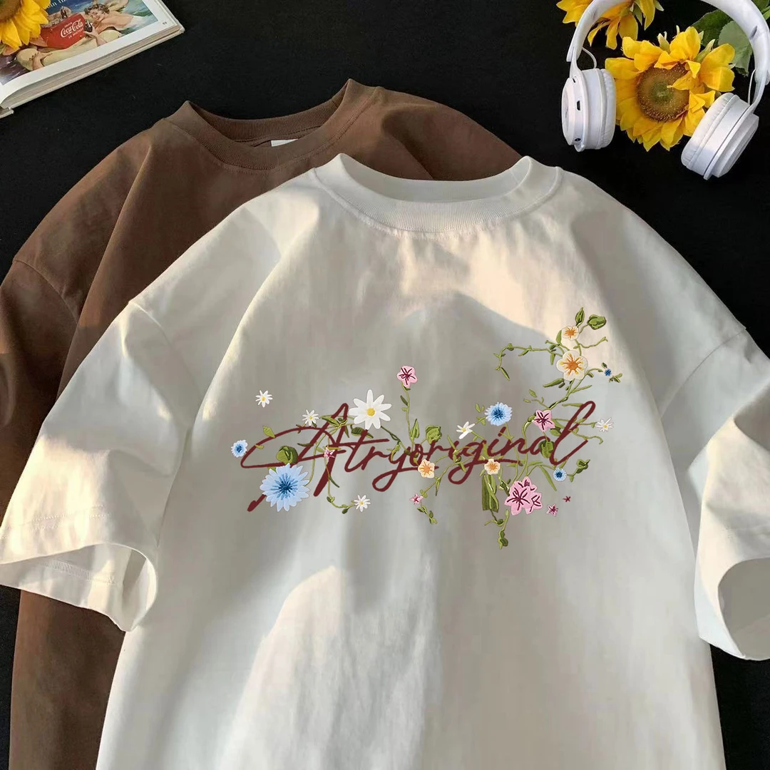 美式高街字母花卉短袖t恤男款夏季潮牌潮流重磅cleanfit情侣半袖