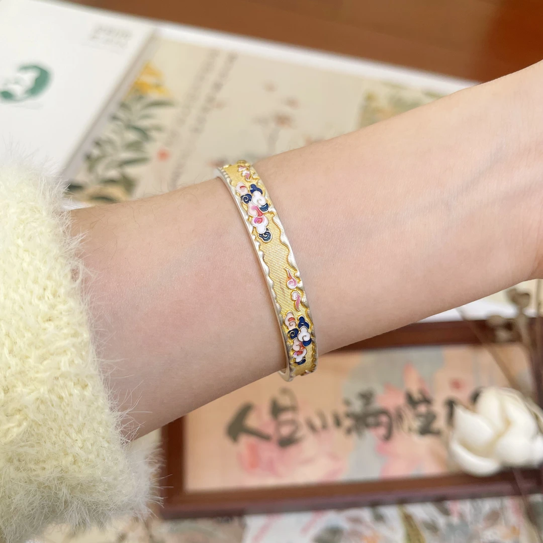 足银手镯 【石姬】糖果边描金珐琅彩足银999.9开口手镯轻奢