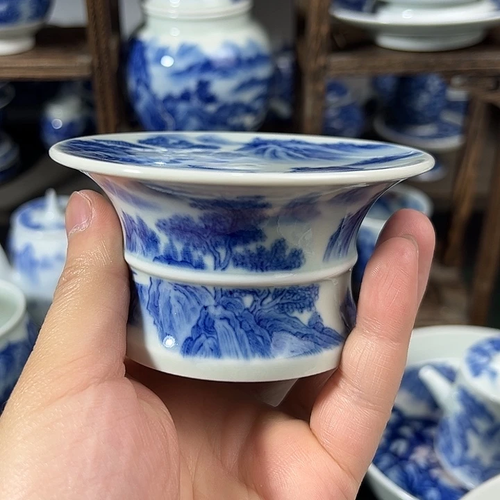 景德镇纯手工手绘柴窑工笔青花山水壶茶盖置