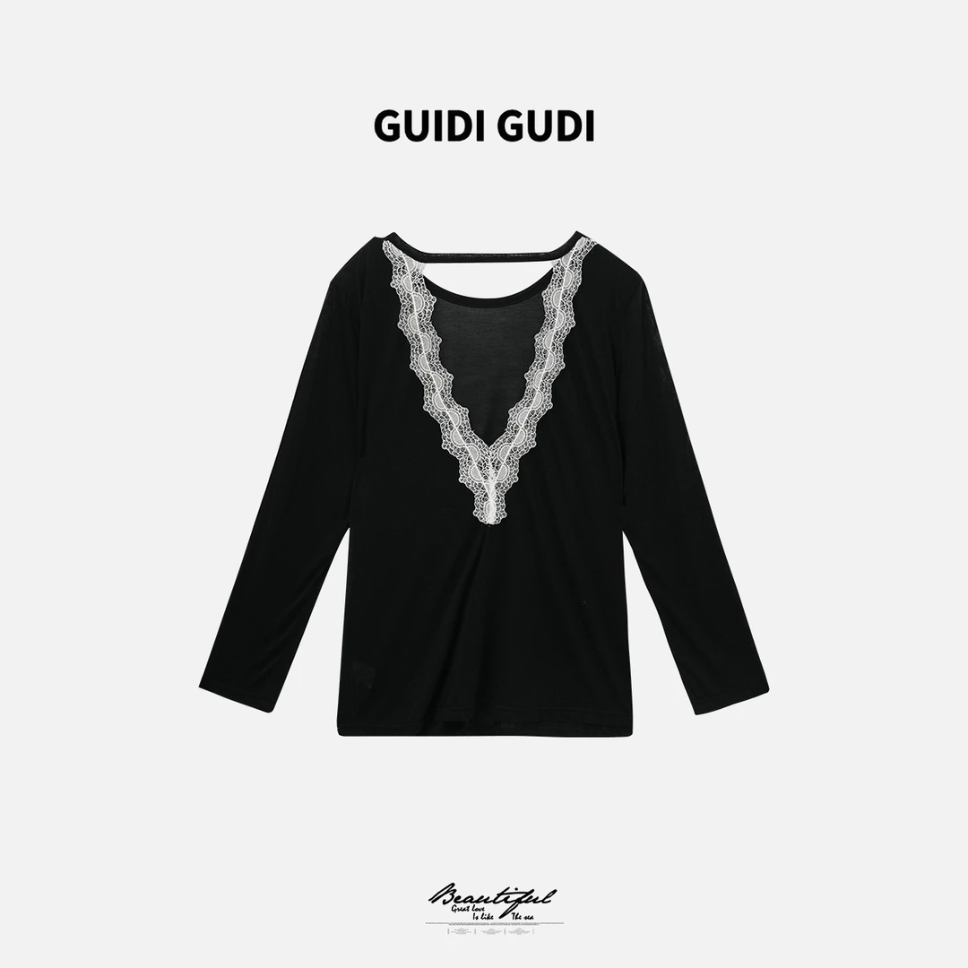 GUIDI GUDI【孤单晚风】黄加蓝重工女人味蕾丝长袖T恤 T9520421H