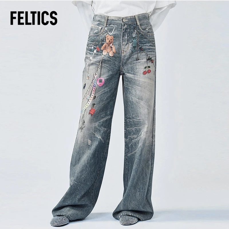FELTICS 时尚3D数码印花做旧水洗牛仔裤