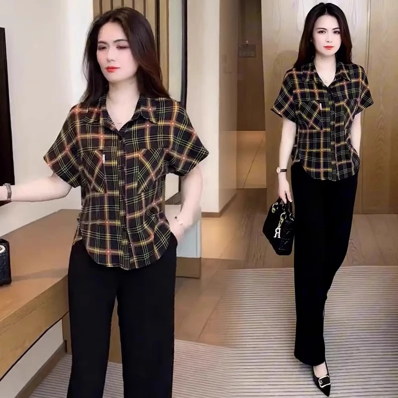时尚格子衬衫女2025夏季新款洋气遮肚子显瘦百搭宽松休闲短袖上衣