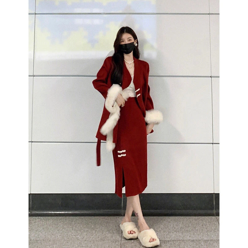 新款女装红色毛呢外套半身裙两件套装冬季新中式国风气质新年战袍