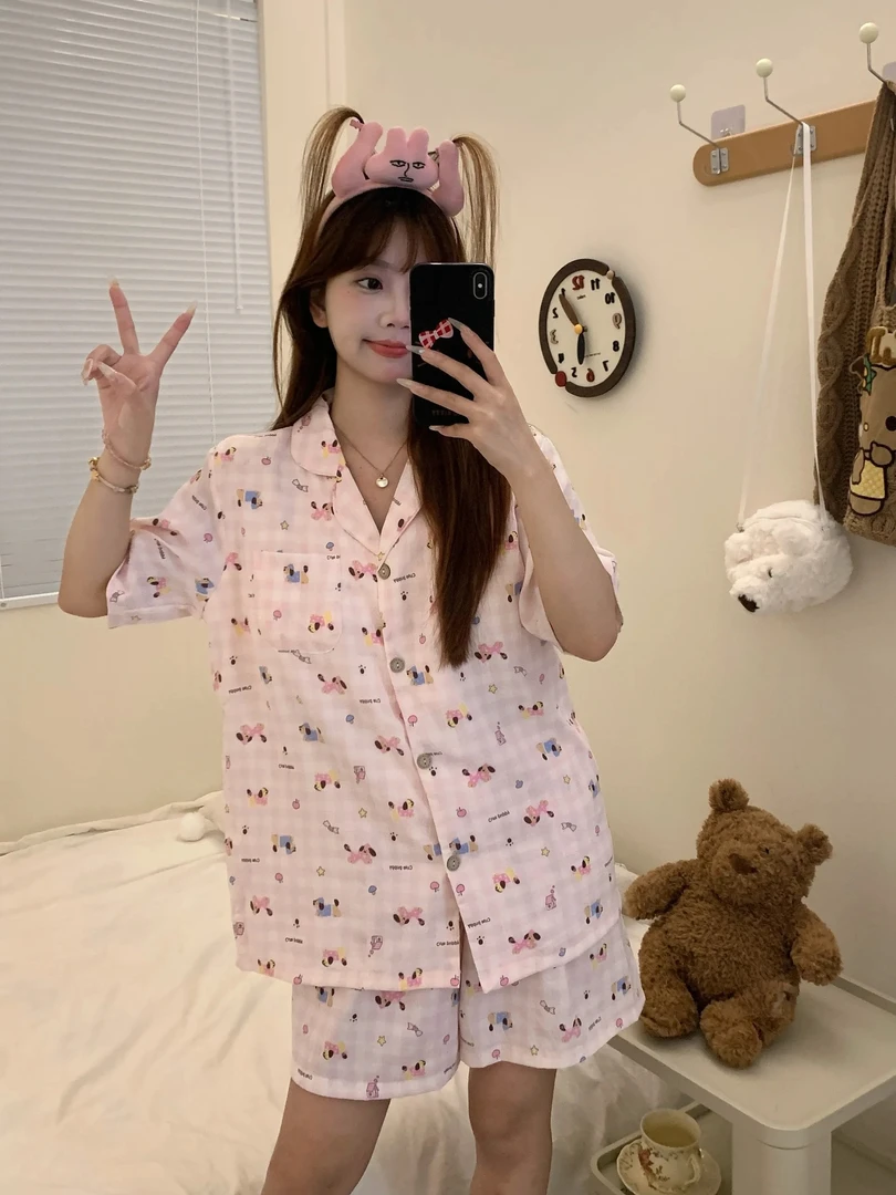 少女甜美可爱卡通小狗印花睡衣女夏季ins风短袖短裤可外穿家居服