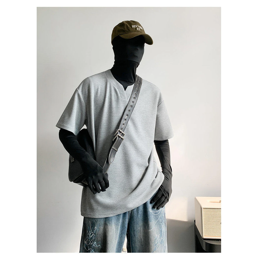 cleanfit灰色V领短袖男款夏季美式复古重磅t恤休闲潮牌高级感半袖