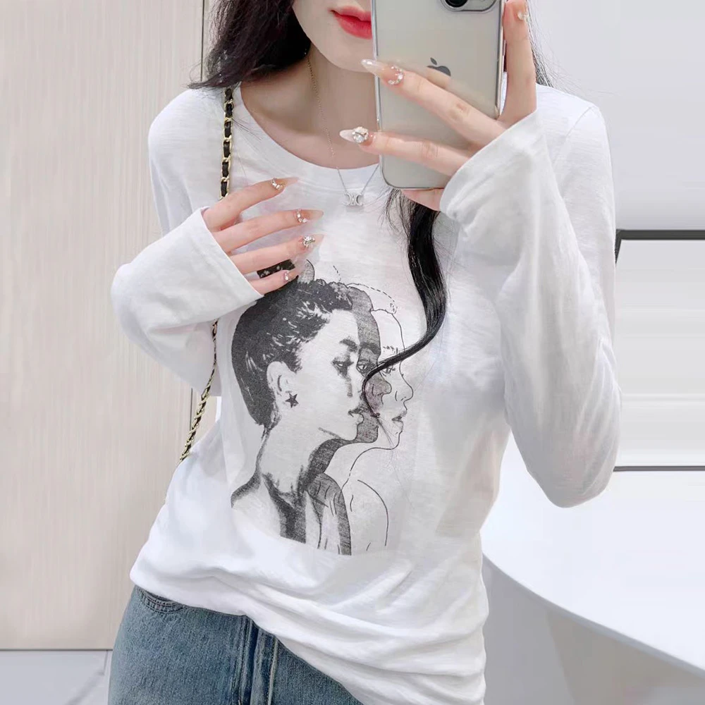 早秋新款竹节棉纯色印花T恤女装长袖宽松百搭圆领打底衫韩版上衣