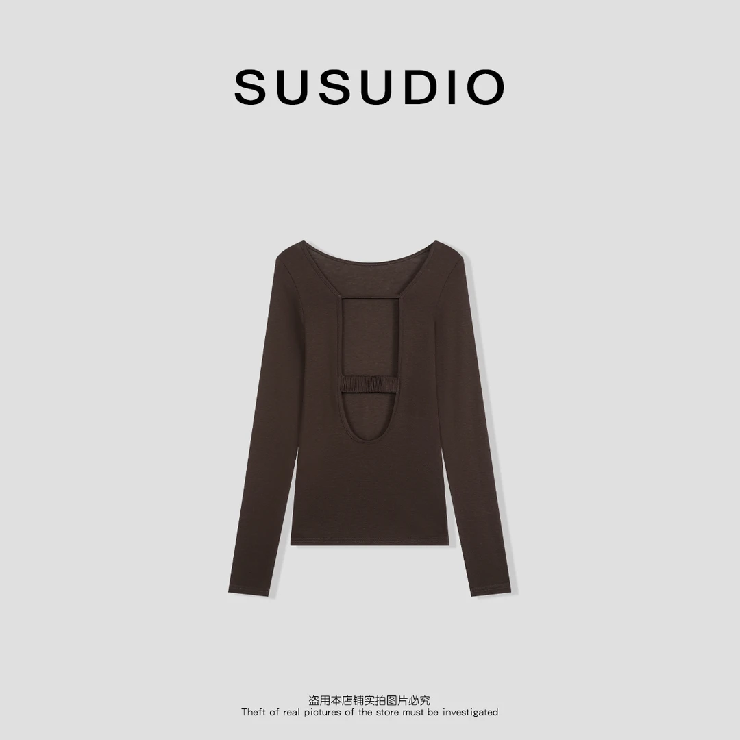 SUSUDIO② 莱赛尔+绵羊毛设计款百搭休闲大露背长袖T恤10024