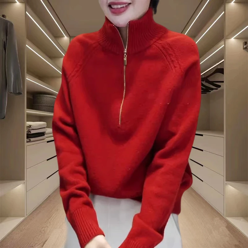 慵懒风立领拉链半开领针织衫过年洋气红毛衣女款2025款网红款外套