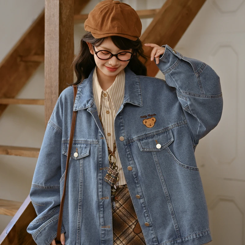 森女部落复古风可爱小熊刺绣牛仔外套女秋季百搭宽松上衣2025新款