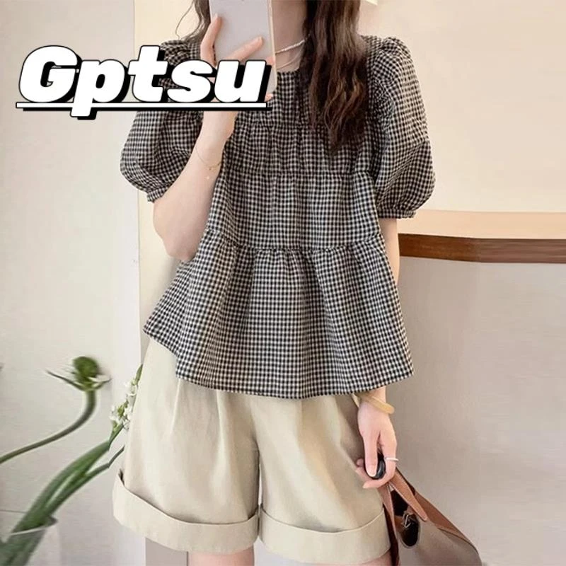 GPTSu格子短袖衬衫女夏绝美法式高级感轻熟小众泡泡袖娃娃衫上衣