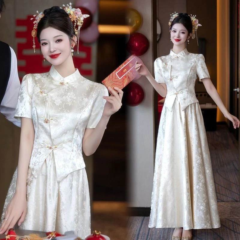 夏季大码胖mm敬酒服新娘新中式轻奢结婚订婚礼服裙女出阁宴两件套