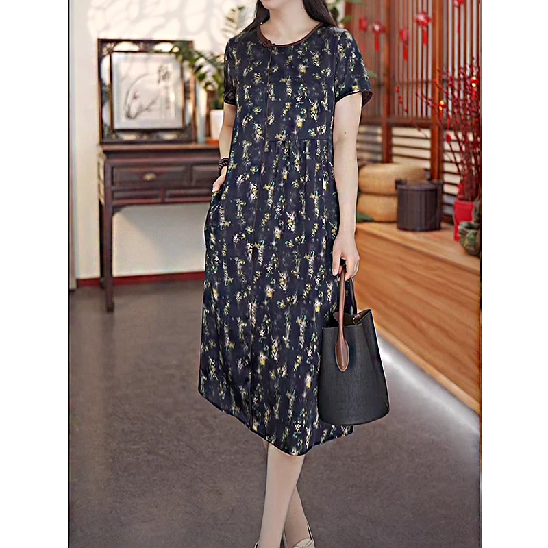 【晨光熹微】春夏新款桑蚕丝连衣裙新款中老年时尚气质宽松裙12433