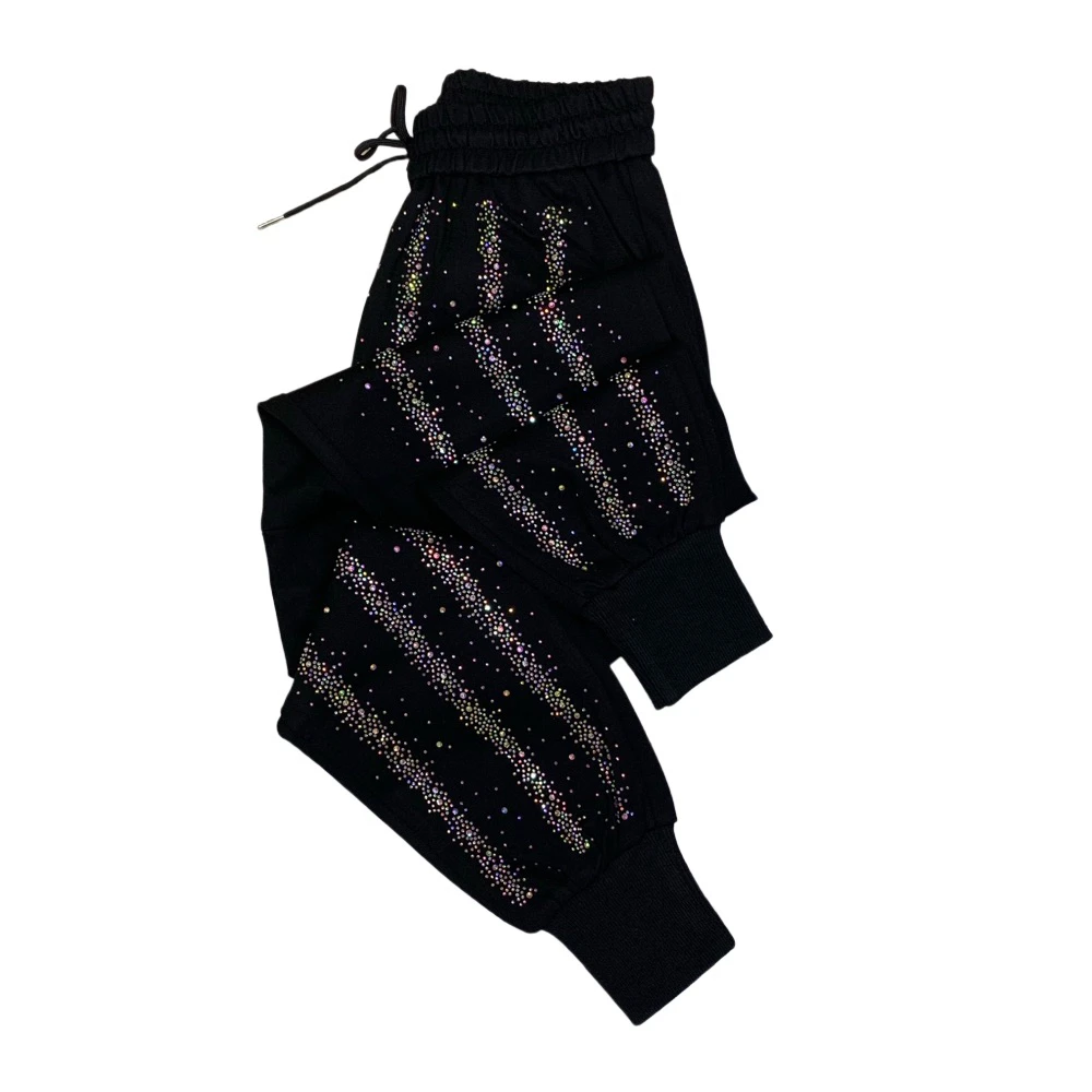 B777新款不加绒重工烫钻哈伦裤松紧腰洋气时尚显瘦九分休闲裤