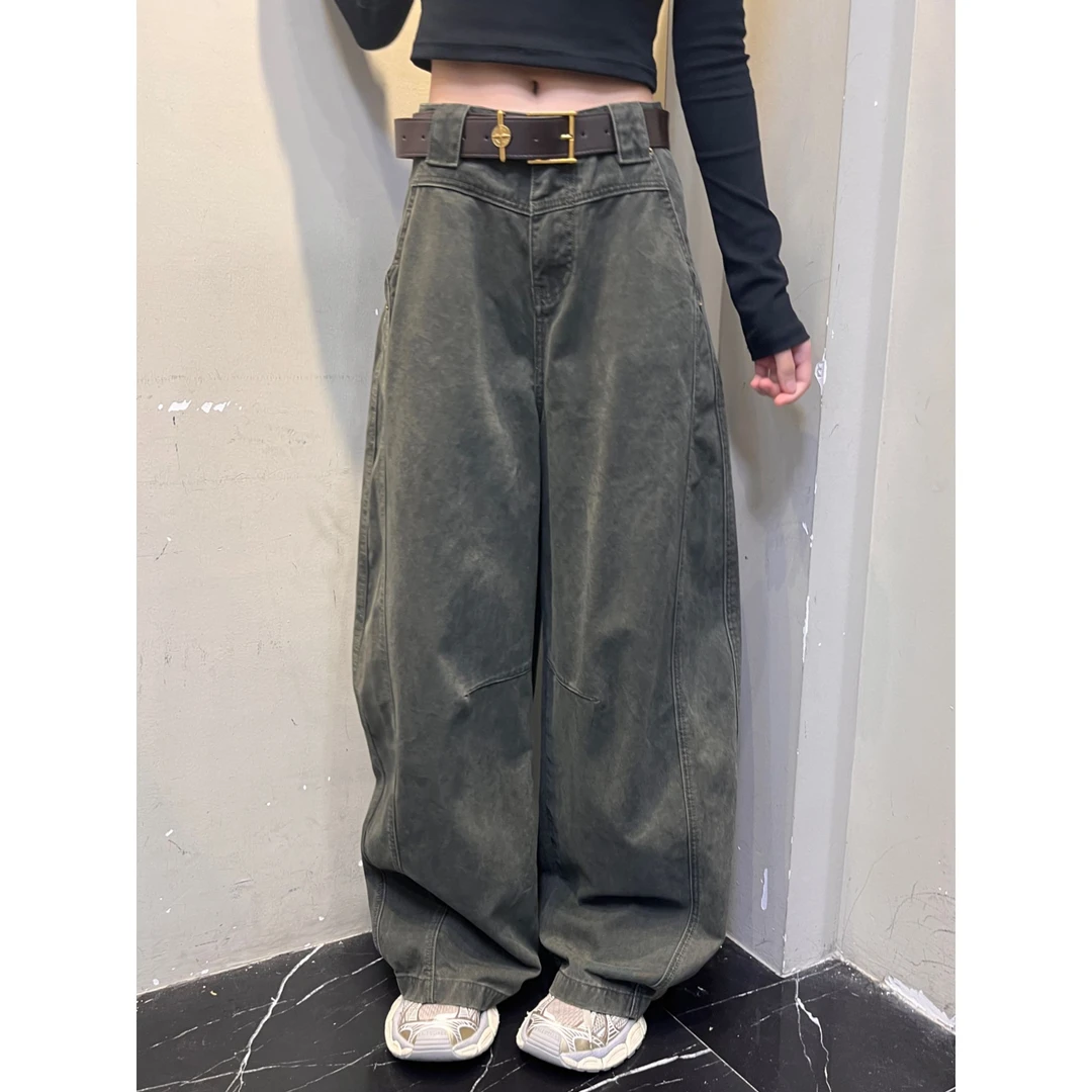 秋季新款美式复古弯刀设计牛仔阔腿裤女宽松简约休闲百搭拖地长裤