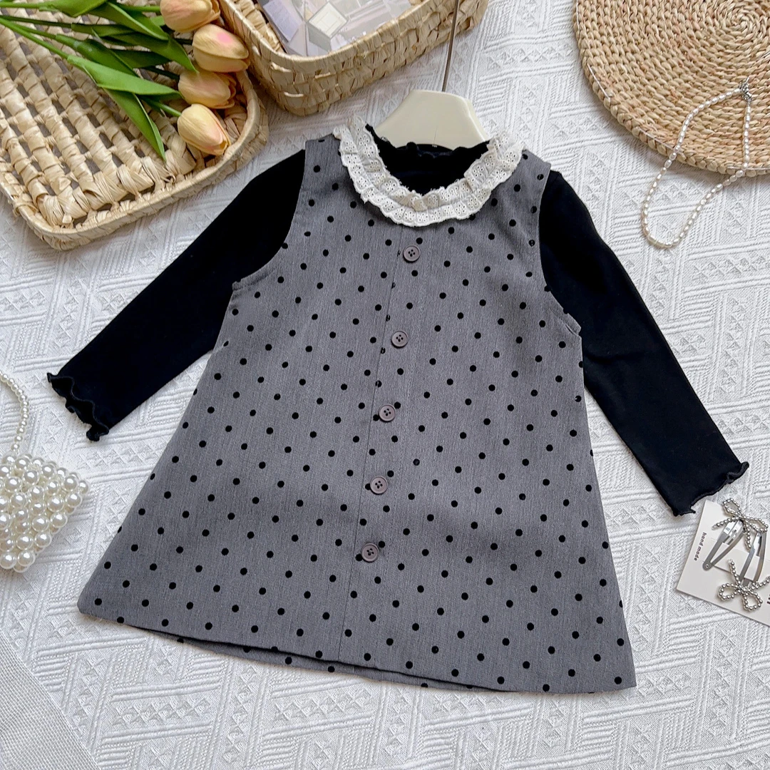 女童春秋季新款法式波点花边圆领背心裙长袖打底衫两件套AQA317