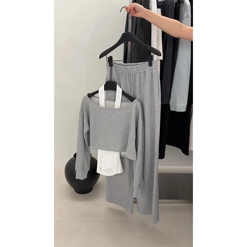 2026早秋新款长袖T恤+不规则吊带内搭背心+松紧腰纯色阔腿裤套装