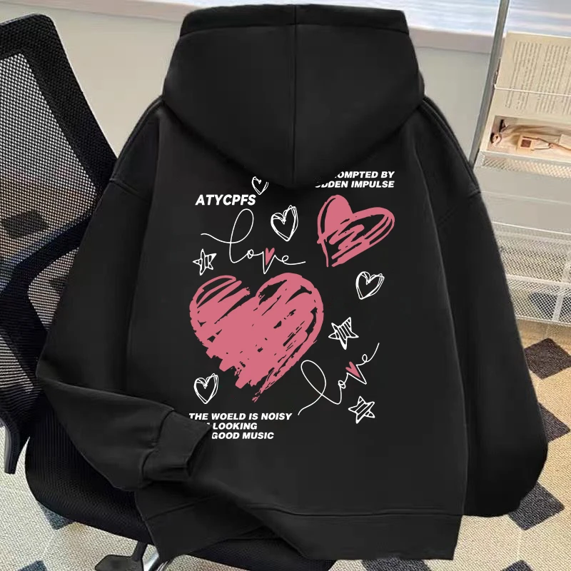 加绒加厚重磅连帽卫衣手绘爱心字母印花潮牌秋冬新款男装上衣外套