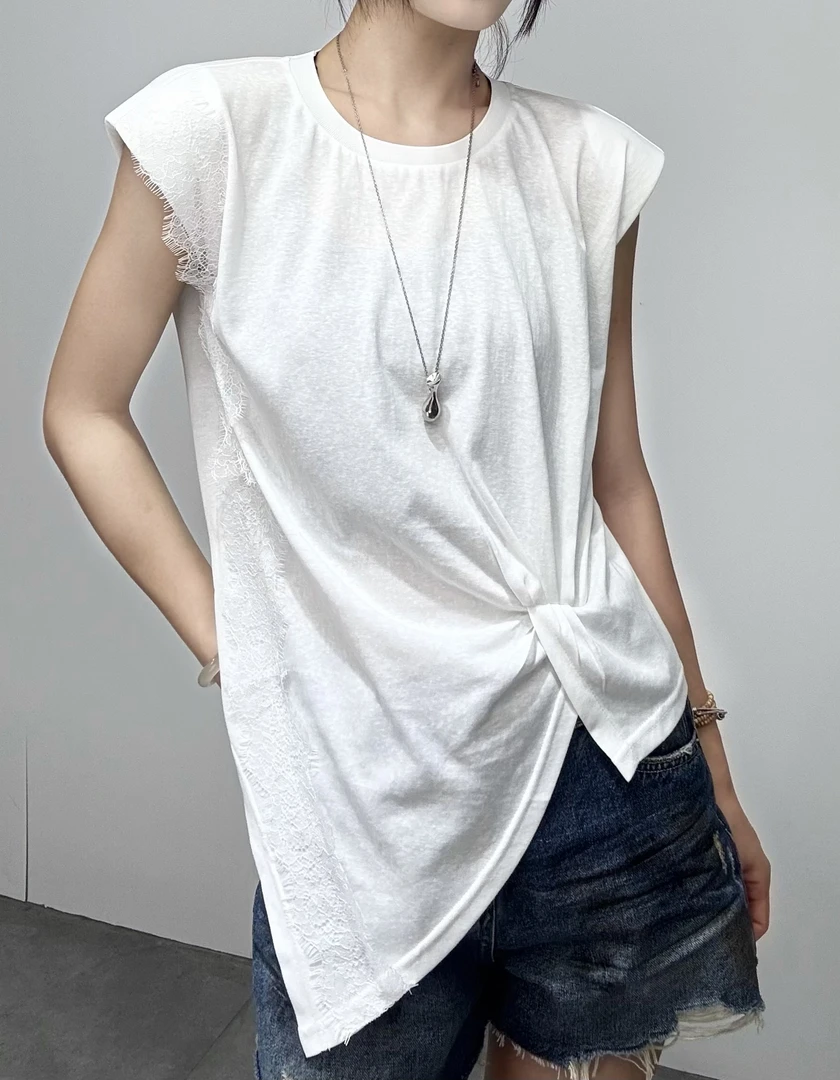 8032#欧洲站2025夏新款拼接蕾丝边袖圆领t恤女不规则薄款