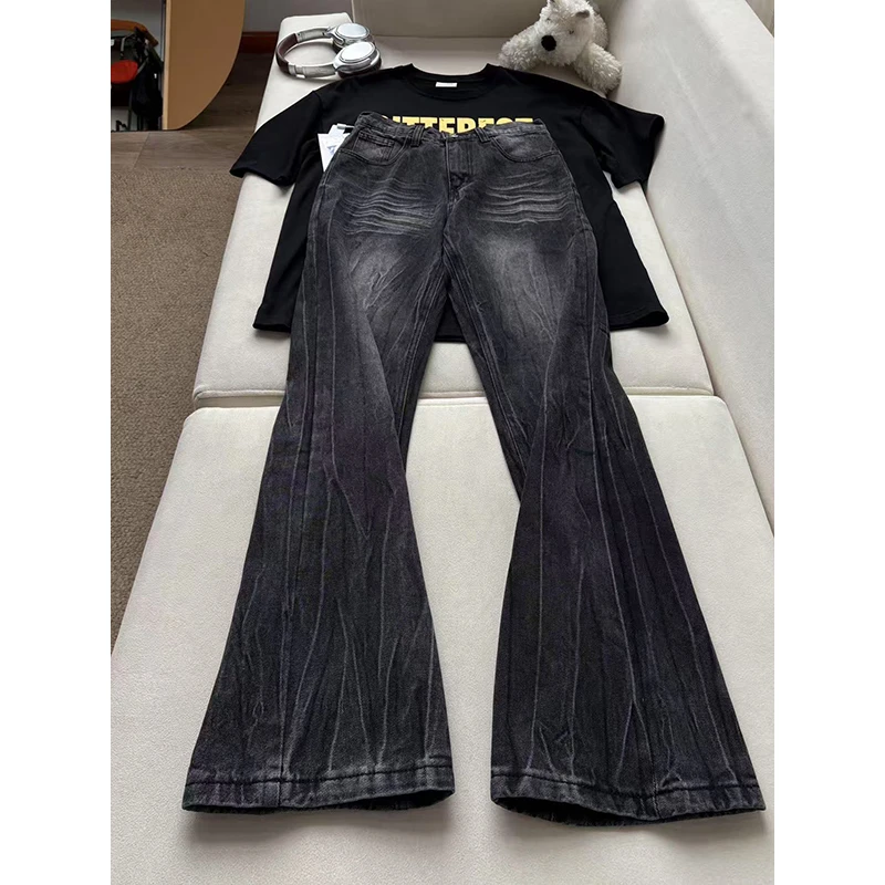 美式复古水洗闪电纹牛仔裤男款夏季cleanfit裤子显腿长直筒微喇裤