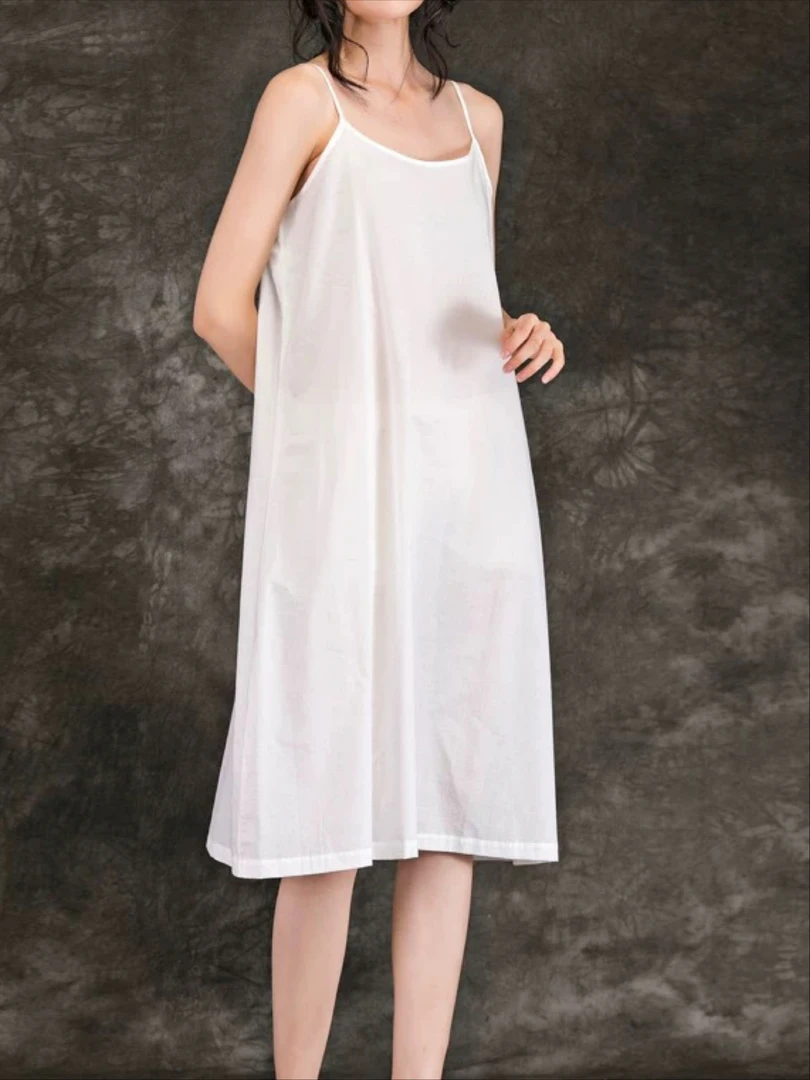 22201夏季旅行宽松显瘦白色内搭打底吊带棉麻连衣裙长款