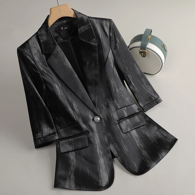 薄款黑色西装外套女夏季2025新款高级感提花七分袖修身小西服上衣