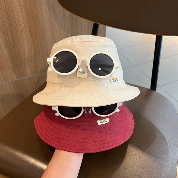 【有点酷】宝宝帽子春秋薄款日系墨镜渔夫帽潮童出游遮阳防晒水桶帽