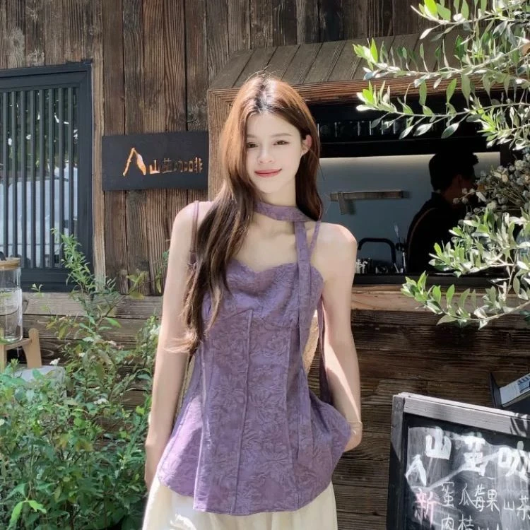 法式复古气质提花紫色吊带背心女装夏季小众别致绝美飘带短款上衣