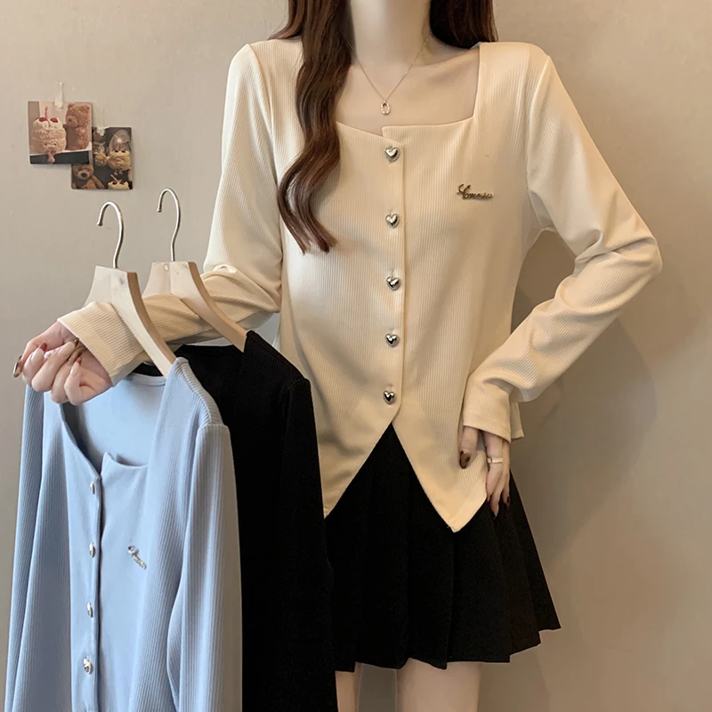 2025春装新款胖mm大码女装时尚不对称字母铭牌长袖开衫小衫上衣潮