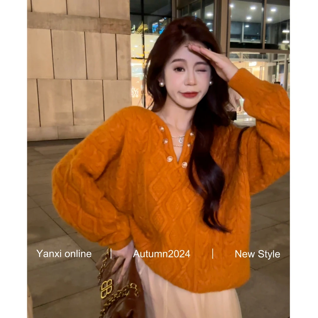 【言希】V领麻花毛衣女2024年秋冬新款套头针织上衣YX24MY151