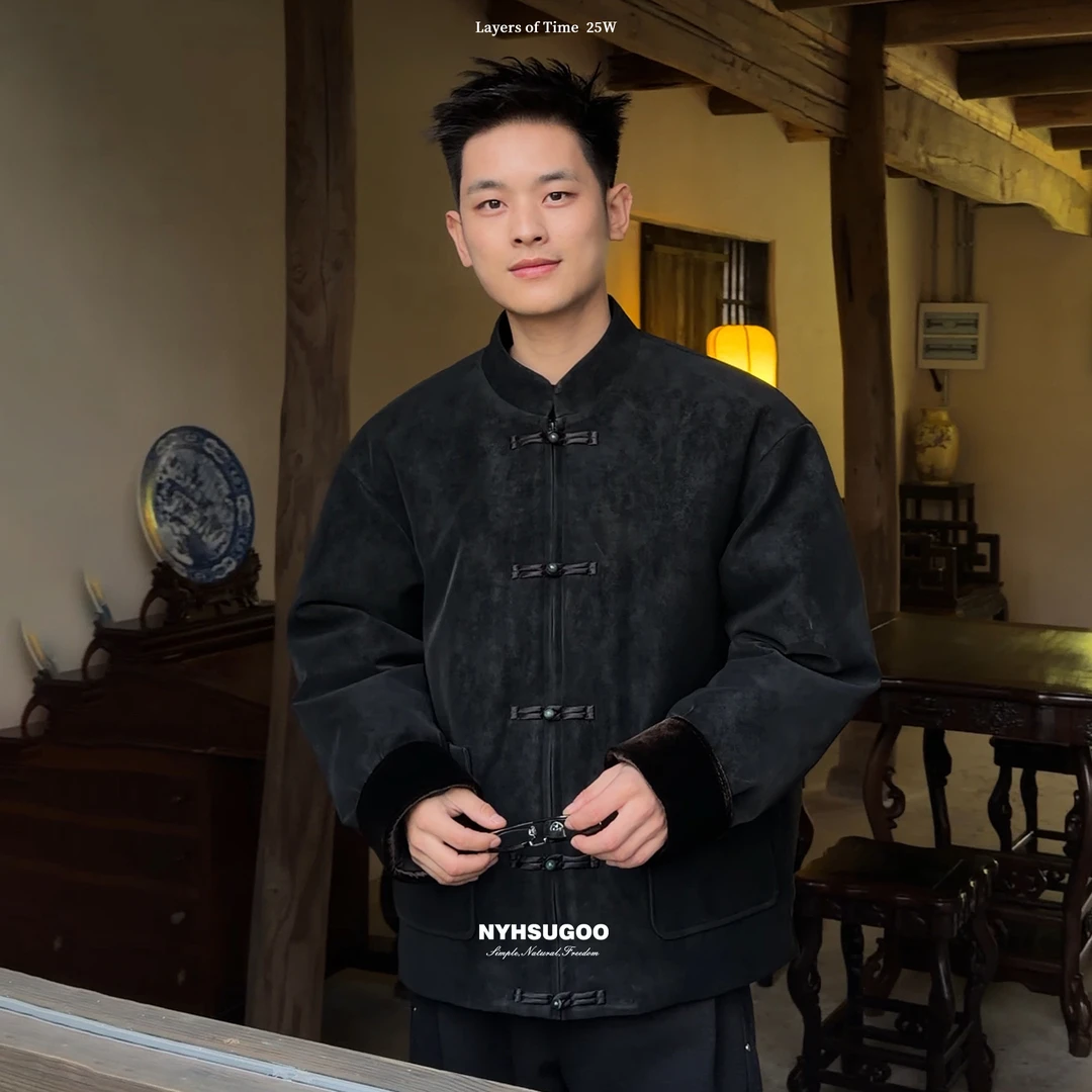 NYHSUGOO/南乙新中式皮料桑蚕丝绒拼接国标90鹅绒服55102男士外套