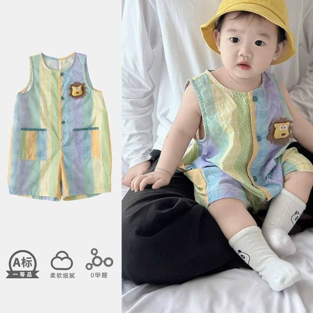卡通风夏装背心前开夏款可爱卡通爬服夏季哈衣无袖婴儿