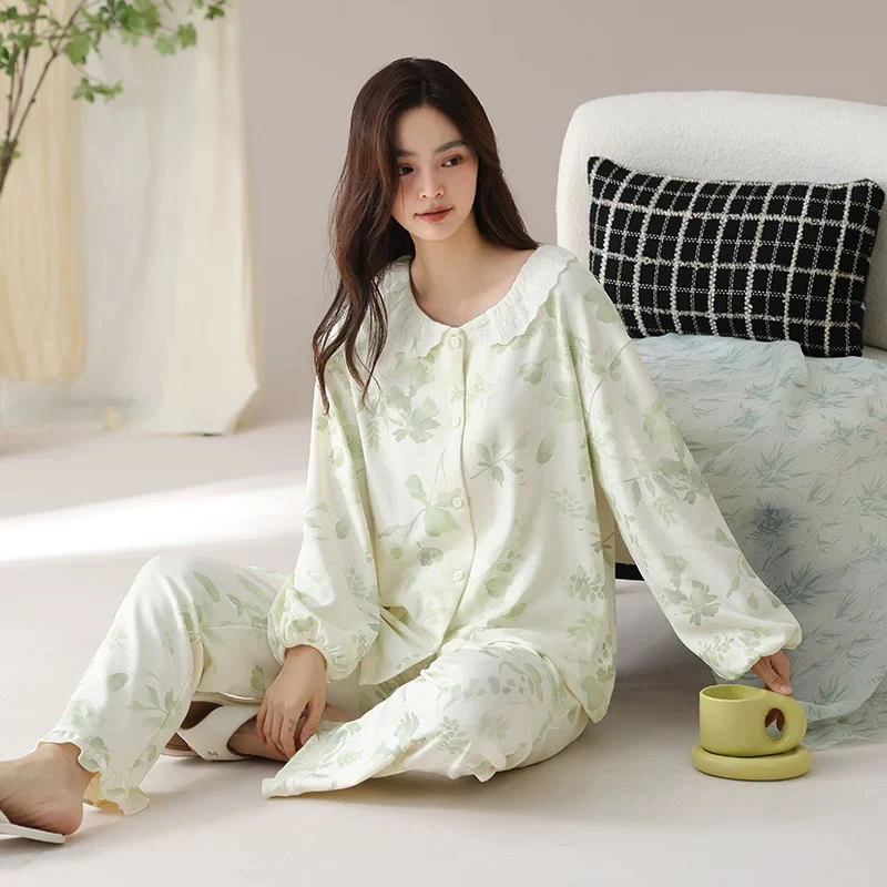 【欧尼雪】宝清风绿叶国风爽棉开衫长袖长裤春秋款休闲宽松家居服